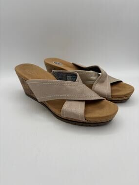 Dr. Scholls Cork Wedge Cream Tan Canvas Heeled Sandals Size 7.5